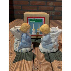 Vintage Praying Angel Taper Candle Holders Set Of 2 Ceramic 5" Christmas Around